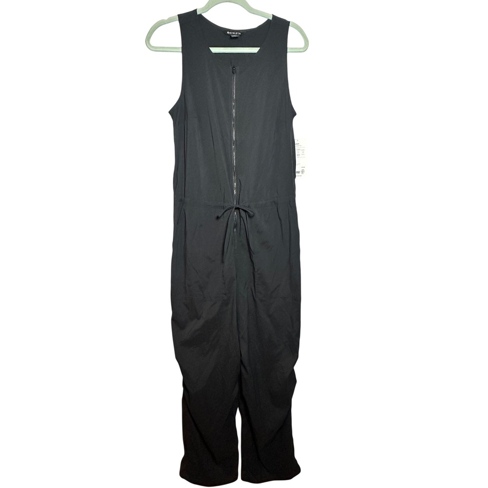 Athleta Flex Jumpsuit Black Sleeveless Zip Front Drawstring Womens M NWT Lounge